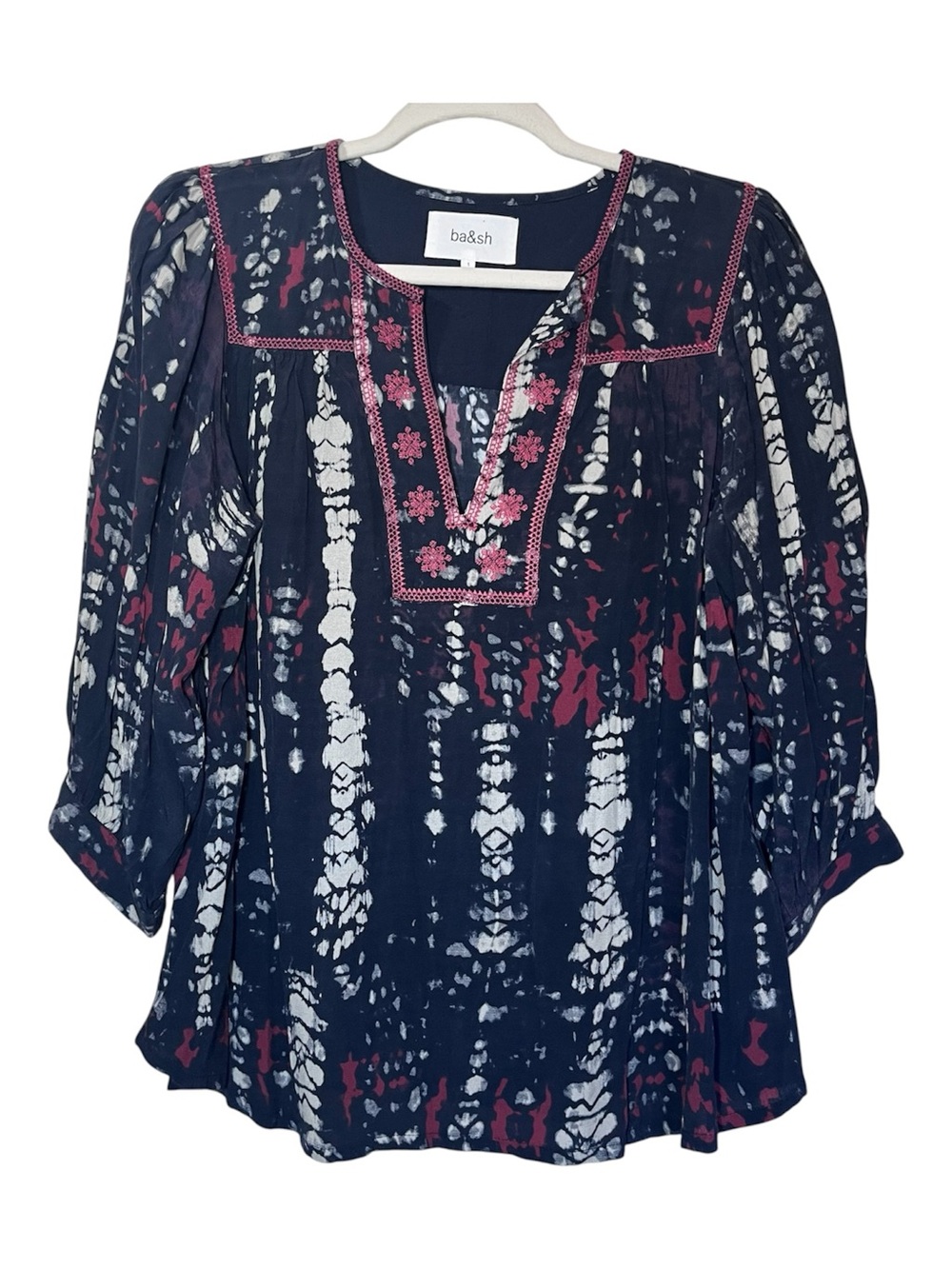 ba&sh Lady Top Size 1 Navy Red Embroidered Boho Blouse
